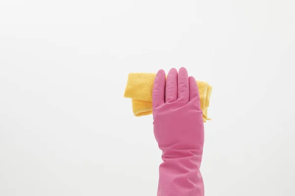 Selektywne Zbliżenie Dłoni Noszącej Rękawicę Podczas Trzymania Koncepcji Ręcznika Czyszczącego — Zdjęcie stockowe