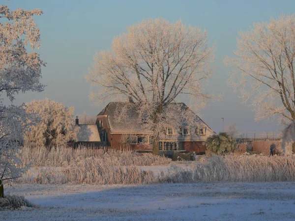 Eine Wunderschöne Winterlandschaft Mit Einem Ländlichen Gebäude Umgeben Von Eisigem — Stockfoto