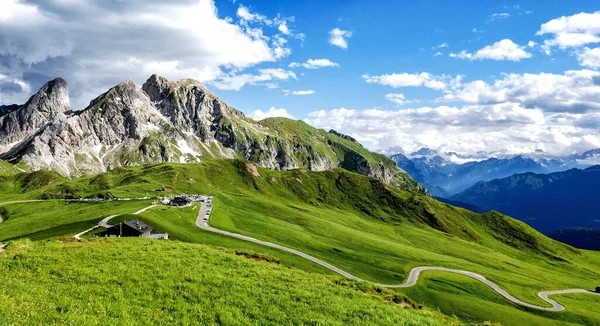 Bela Paisagem Dolomitas Italianas Verão Campo Verde Grama Estrada Estrada — Fotografia de Stock