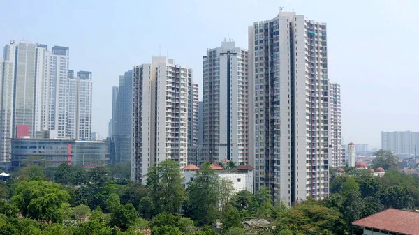 Plano Aéreo Una Ciudad Moderna Con Rascacielos Poco Vegetación — Foto de Stock