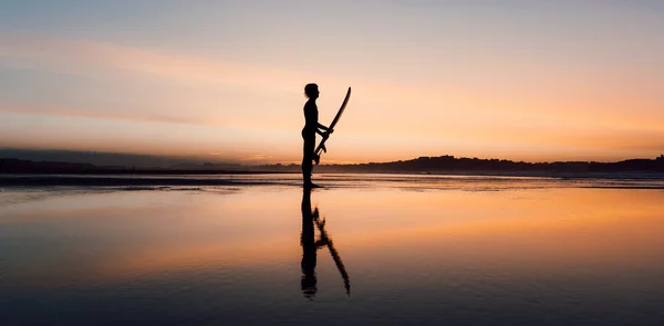 Uma Silhueta Surfista Pôr Sol Uma Foto Horizontal Praia Cênica — Fotografia de Stock