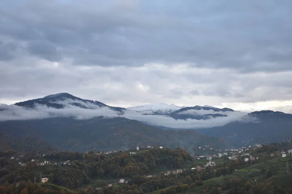 背後の森林に覆われた山々を覆う低飛行雲の景色を望む小さな田舎町の壮大なショット — ストック写真