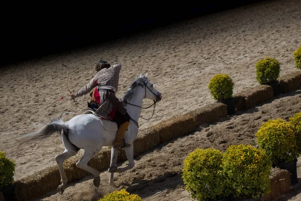 Cavaleiro Com Trajes Populares Atirando Uma Flecha Enquanto Montava Cavalo — Fotografia de Stock