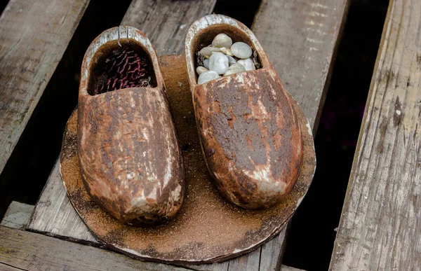 Primer Plano Viejos Zapatos Madera Con Conos Pino Guijarros —  Fotos de Stock