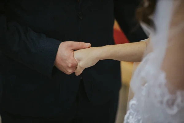 Closeup Groom Holding His Bride Hand — Stock Photo, Image