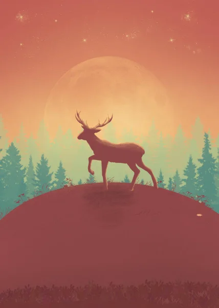 Иллюстрация Оленя Холме Лунным Еловым Лесом Заднем Плане — стоковое фото