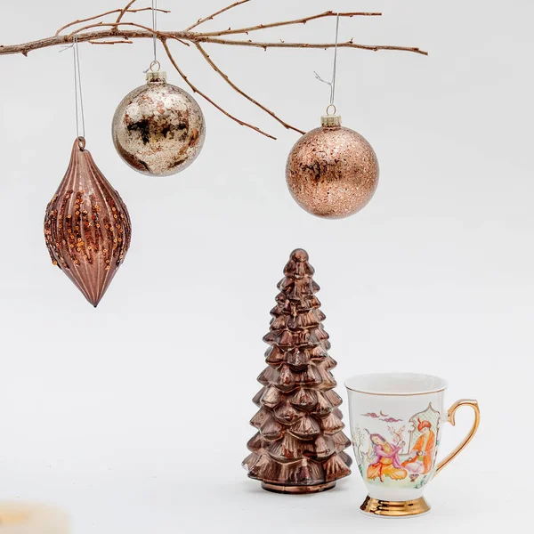 Una Decoración Casera Navidad Bronce Rombos Juguetes Purpurina Forma Bola —  Fotos de Stock
