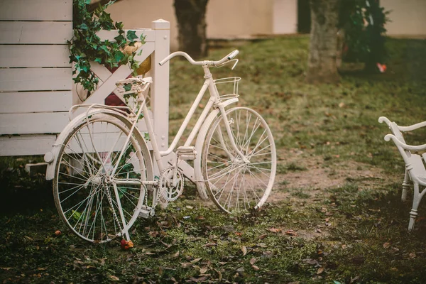 一辆老式的白色老式自行车停在一座房子的花园里 — 图库照片