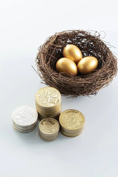 Vertical Shot Gold Coins Golden Eggs Concept - Stock-foto
