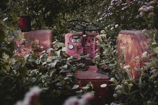 Une Voiture Abandonnée Ruine Dans Champ Couvert Fleurs Lumière Jour — Photo