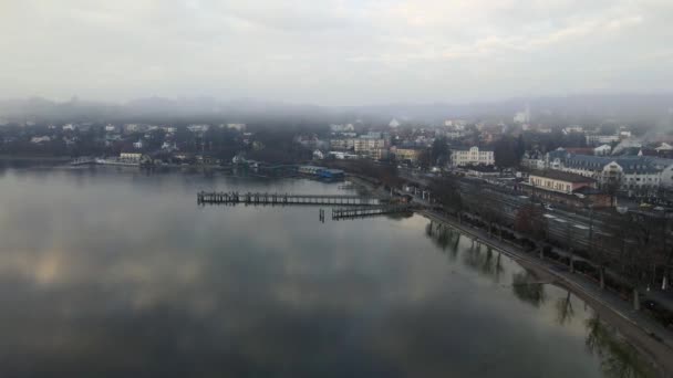View Starnberg Munich Foggy Winter Morning Drone Gives Aerial View — Stock Video