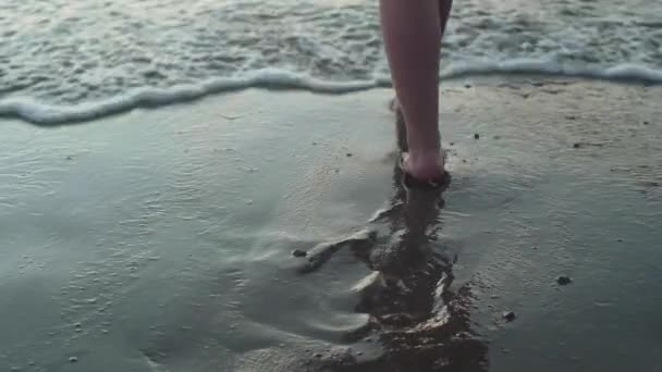 Primer Plano Una Persona Caminando Mar Como Ola Viene — Vídeos de Stock