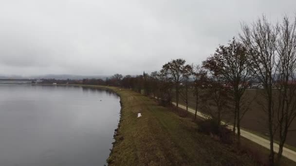 Widok Drona Dunaju Rzeka Otoczona Drzewami Pod Zachmurzonym Niebem Regensburg — Wideo stockowe