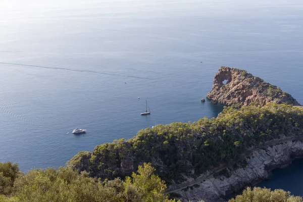 Een Luchtfoto Van Zee Prachtige Kliffen Bedekt Met Bomen Mallorca — Stockfoto