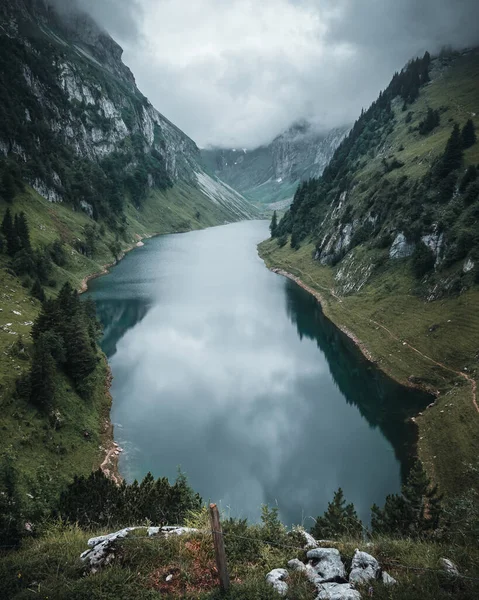Красивый Вид Озеро Окруженное Скалистыми Горами Зеленью Швейцарии — стоковое фото