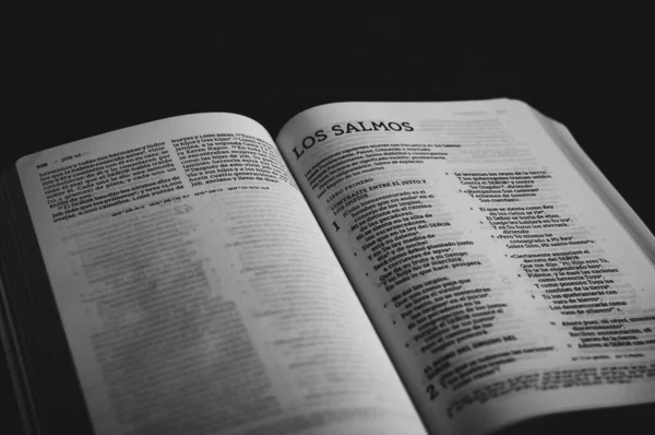 Primer Plano Una Biblia Española Abrió Libro Los Salmos — Foto de Stock