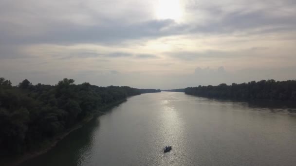 Vanuit Lucht Uitzicht Grote Rivier Tussen Eindeloos Bos Zonnige Dag — Stockvideo