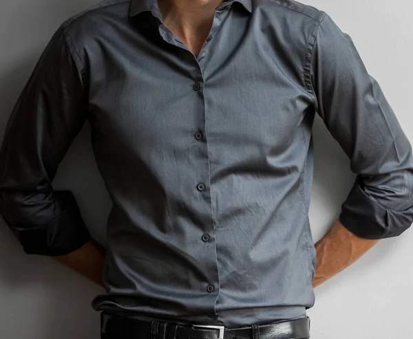Mid Section Sexy Elegant Man Gray Shirt Folded Sleeves Leaning — Stock Photo, Image