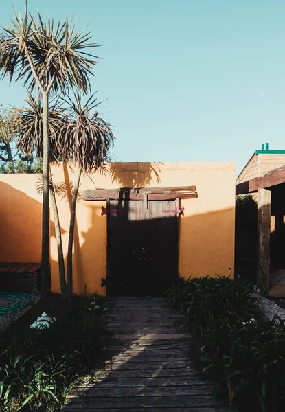 带有狭窄小径和热带植物的私人住宅木门的垂直截图 — 图库照片