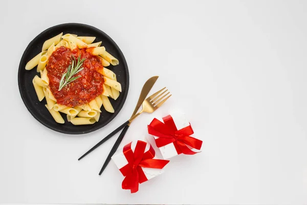 Closeup Plate Pasta Gift Concept Valentine Day Celebration — Stock Photo, Image