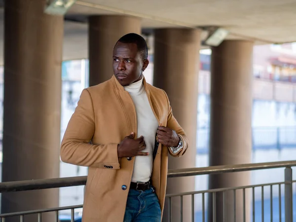 Shallow Focus Stylish African Male Wearing Jeans White Turtleneck Beige — Stock Photo, Image