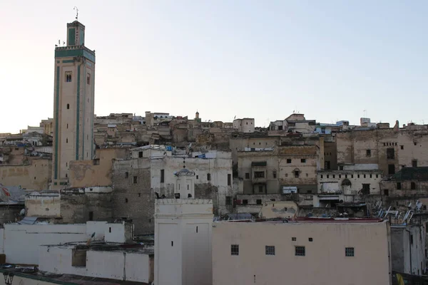 Krajobraz Starych Domów Tłem Górskim Fes City Maroku — Zdjęcie stockowe