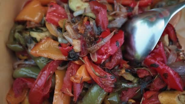 Closeup Deliciously Grilled Vegetables Bowl Spoon Shot — Stok Video