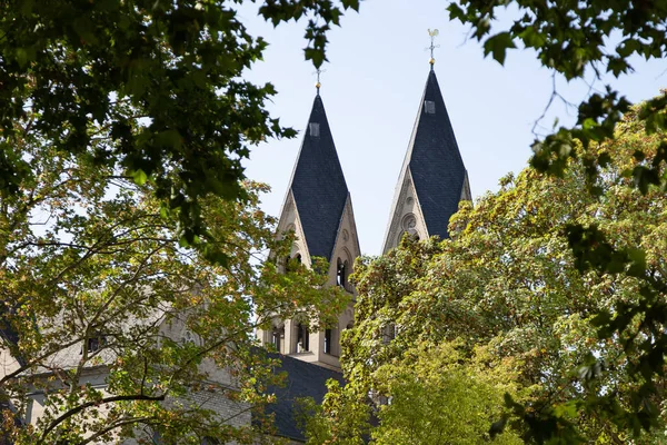 Церковные Шпили Базилики Святого Кастора Кобленце Германия Солнце — стоковое фото