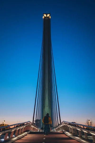 日没の空の背景に立っているケーブルスタイルの橋の垂直ショット — ストック写真