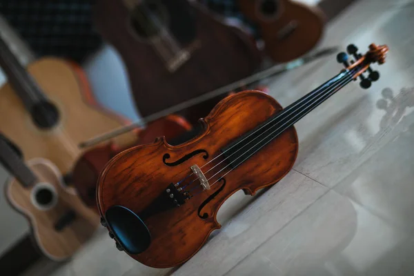 Primo Piano Violino Classico Sfondo Sfocato — Foto Stock