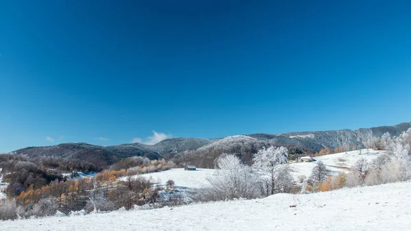 Uma Vista Colinas Nevadas Com Árvores Inverno Sob Céu Azul — Fotografia de Stock