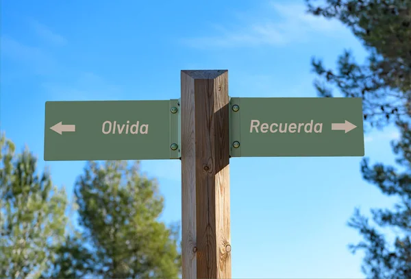 Tiro Seletivo Foco Signpost Maneira Com Esqueça Lembre Escritos Espanhol — Fotografia de Stock