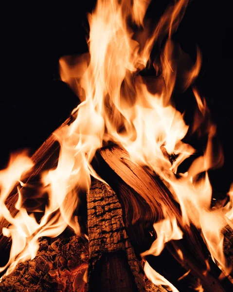 Siyah Arka Planda Yanan Yakacak Odun Ateşinin Dikey Çekimi — Stok fotoğraf