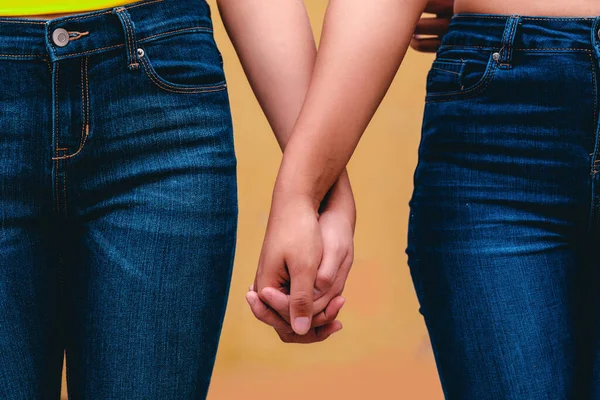 Close Duas Mulheres Possui Mãos Diversidade Conceito Amor Lésbico — Fotografia de Stock