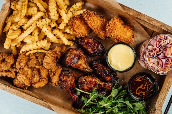 Top View Fried Chicken French Fries Sauce Wooden Tray Table — Stock Photo, Image