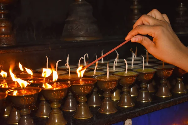 Lighting Diya Incense Stick Buddhist Temple — Stock Photo, Image