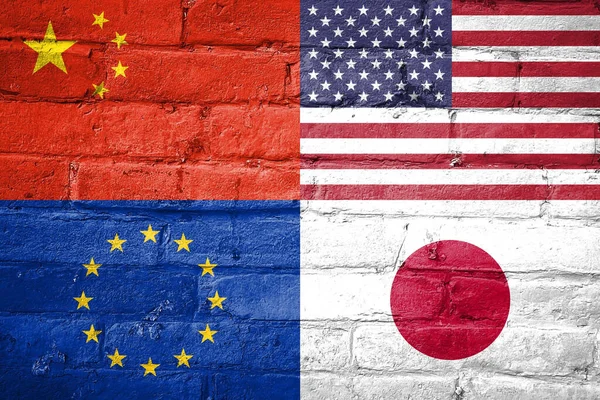 View China Usa Japan Flags Together Grey Brick Wall Background — Stock Photo, Image