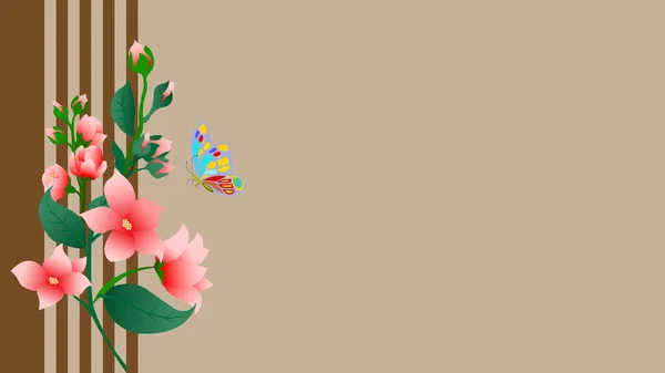 蝶とテキストのためのスペースを持つピンクの花と茶色の背景 — ストック写真