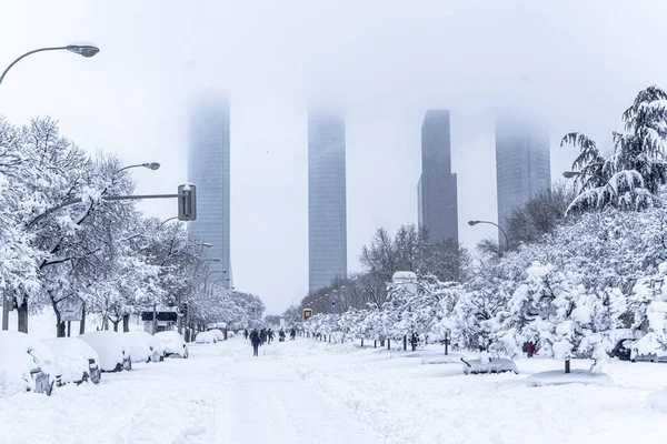 Eine Schöne Aufnahme Von Menschen Die Einem Verschneiten Park Spazieren — Stockfoto