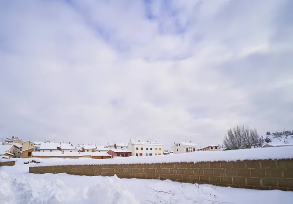 一片美丽的冬季风景 无叶的树木 在多云的天空下被雪覆盖着的建筑物 — 图库照片