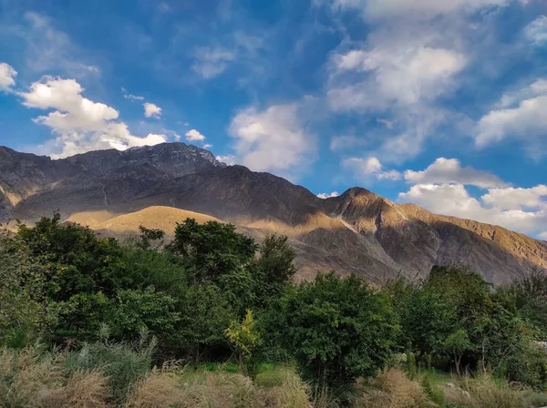 Een Landschap Van Heuvels Bomen Onder Een Blauwe Bewolkte Hemel — Stockfoto