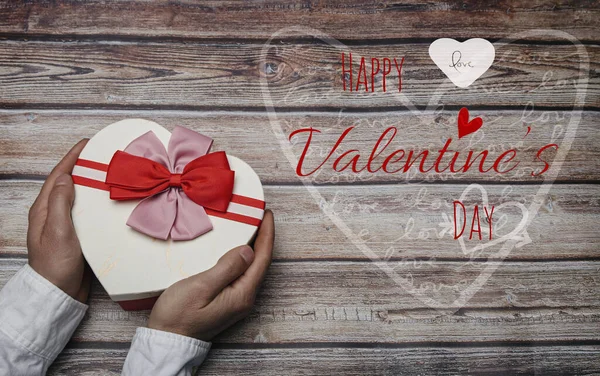 Top View Hands Holding Heart Shaped Gift Box Happy Valentine — Stock Photo, Image