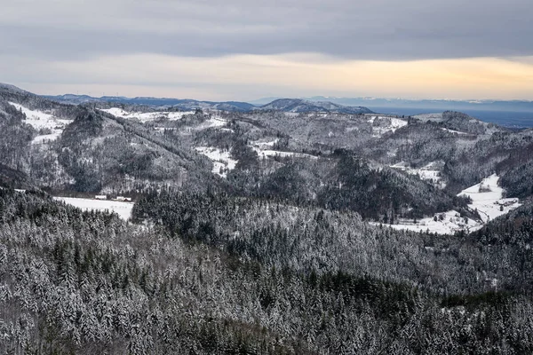 Paisaje Montañas Selva Negra Cubiertas Nieve Durante Amanecer Alemania —  Fotos de Stock