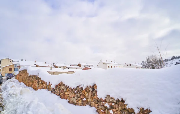 Eine Wunderschöne Winterlandschaft Mit Blattlosen Bäumen Und Schneebedeckten Gebäuden Unter — Stockfoto