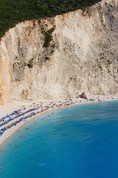 Vertical Shot Tents Turquoise Water Porto Katsiki Beach Lefkada Greece — Stock Photo, Image