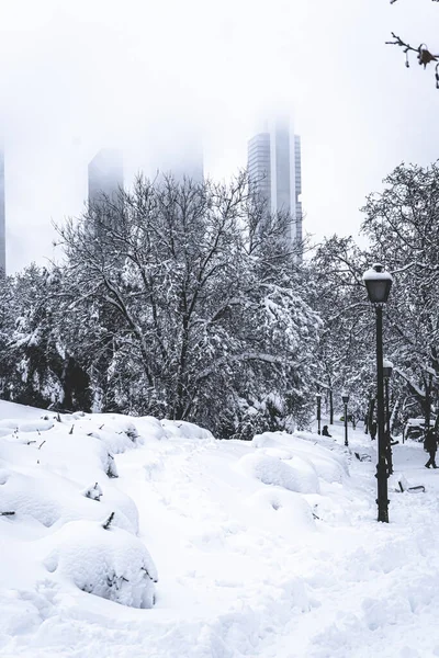 Hermoso Plano Parque Nevado Con Las Cuatro Torres Madrid Fondo — Foto de Stock