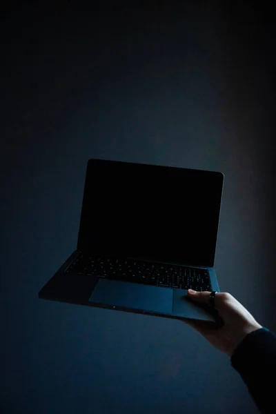 Vertical Shot Person Holding Modern Laptop — Stock Photo, Image