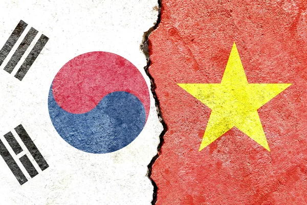 View South Korea Vietnam National Flags Isolated Broken Cracked Concrete — Stock Photo, Image