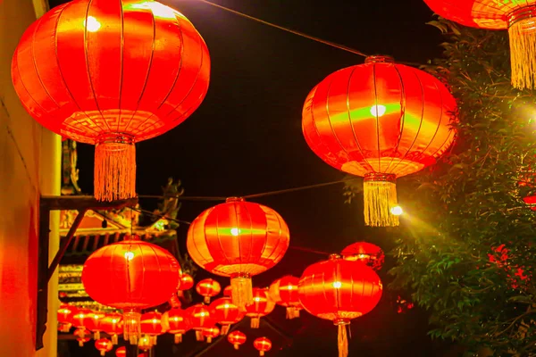 Closeup Red Lanterns Street Lights Hanging Wall Chinese New Year — Stock Photo, Image