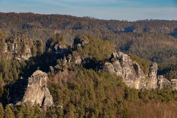 Eine Felslandschaft Mit Waldbäumen Der Sächsischen Schweiz — Stockfoto